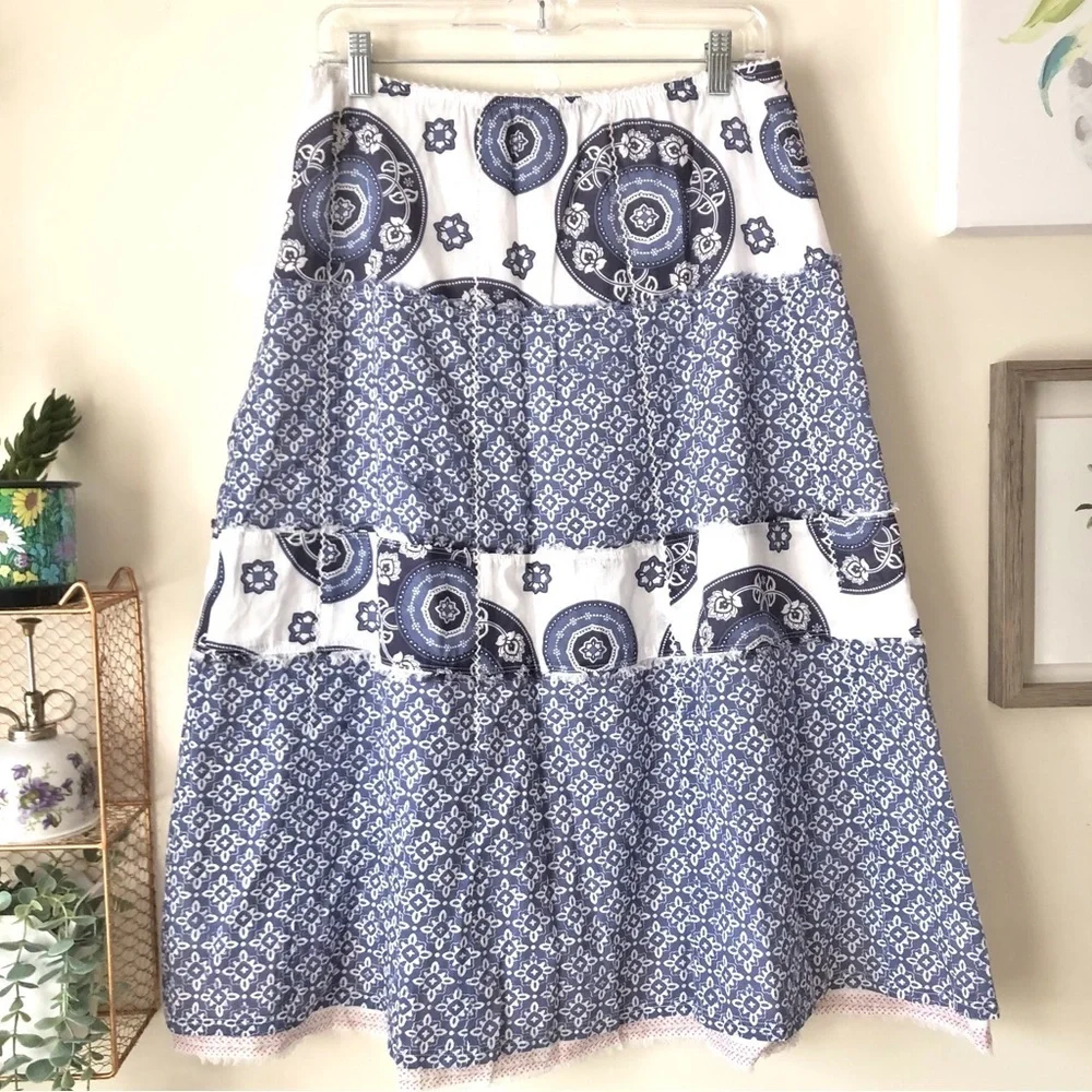 Eddie Bauer Y2K Blue White Paisley Tiered Maxi Skirt 100% Cotton Lined 10 Petite